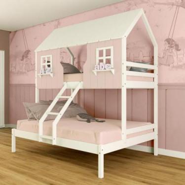 Imagem de Beliche Casal/ Solteiro Casinha Encantada Madeira Maciça Rosa/ Branco 