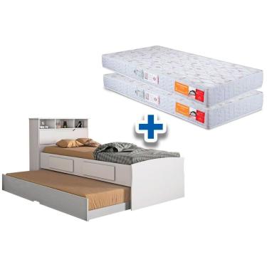 Imagem de Kit Cama Solteiro Bicama Ravena com Baú e 2 Colchões Espuma D20 Solteiro Branco Conquista Móveis