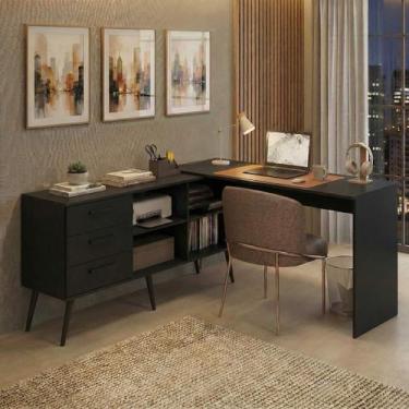 Imagem de Mesa de Escritório em L com 3 Gavetas Porto Multimóveis MP6044, Preto