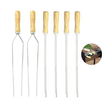 Imagem de Kit Mini Espetos Espetinho Duplo Lâmina Inox Cabo Madeira Churrasco Ca