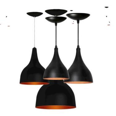 Imagem de Kit 3 Pendente Taça Gota Bancada Balcão Cozinha  Preto com Cobre - Ilu