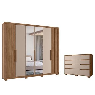 Imagem de Guarda Roupa Casal e Cômoda Araguaia Georgia 6 Portas Giratórias 8 Gavetas em MDP com Espelho Carvalho Fendi