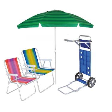 Imagem de Kit Praia Carrinho Com Avanço + 2 Cadeira Alta Aluminio + Guarda Sol 2,4m - Mor