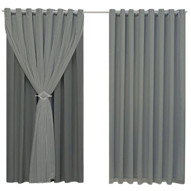 Imagem de Cortina Blackout 4,00m X 2,60m Sala Quarto Tecido Com Voil + Presilha Moderna -Cinza Escuro