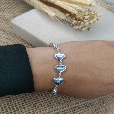 Imagem de Pulseira Corações Paz ,Amor E Fé Prata 925