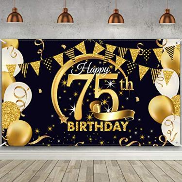 Imagem de Pôster de sinal de ouro preto com tecido extra grande para decoração de festa de aniversário banner de fundo de cabine de fotos de aniversário, suprimentos para festa de aniversário, 188 x 119 cm (75 anos)