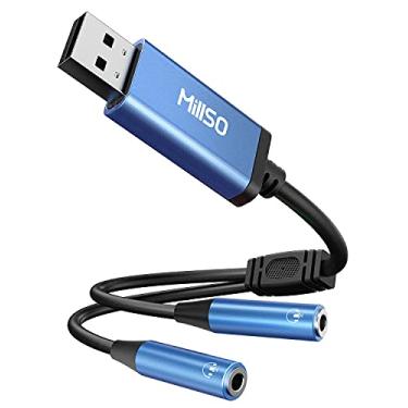 Imagem de MillSO Adaptador USB para conector de áudio duplo de 3,5 mm, placa de som estéreo TRRS azul safira para fone de ouvido, divisor de conector estéreo para dois fones de ouvido, alto-falantes para um PC,