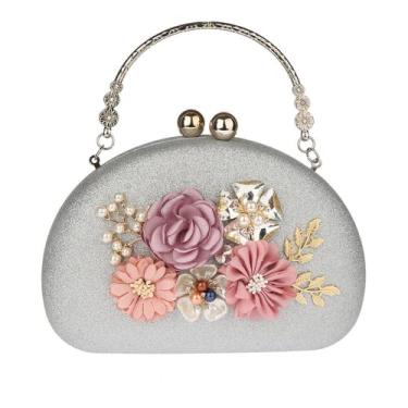 Imagem de Bolsa Clutch Moon Flower Bolsa de Mão Feminina Pérola Bolsa de Noite Festa Casamento Acessórios, Cinza, M
