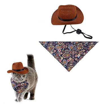 Imagem de Gesuche Conjunto de 2 peças de fantasia de cowboy ocidental para animais de estimação, chapéu de cowboy ocidental de gato e cachorro adorável com alça elástica ajustável para queixo e bandana, para filhotes e filhotes de festa cosplay uso diário (pequeno)