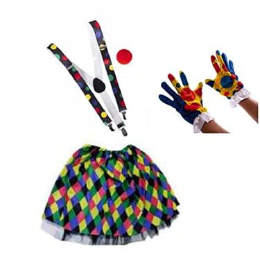 Imagem de Fantasia Palhaça Saia Suspensório Nariz Luvas - 4 Peças