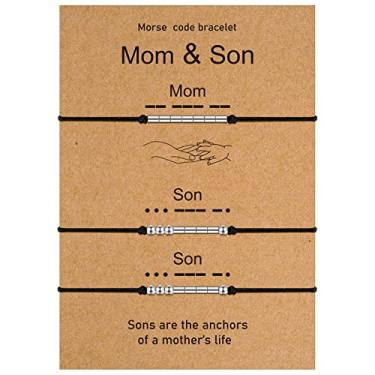 Imagem de 3 peças pulseira de código Morse mãe e filho combinando pulseira ajustável feita à mão presentes para o dia das mães joias inspiradoras pulseira com contas para mulheres, meninos, família, Sem pedras preciosas