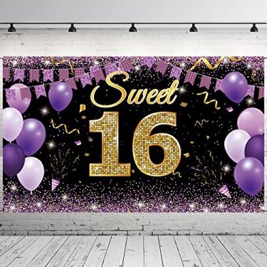 Imagem de Faixa de fundo Sweet 16 decorações de aniversário, decorações de feliz aniversário de 16 anos para meninas, decorações de festa de dezesseis anos roxo dourado, doces 16 adereços para cabine de fotos de adolescente, tecido 1,9 m x 1,1 m vicicaty