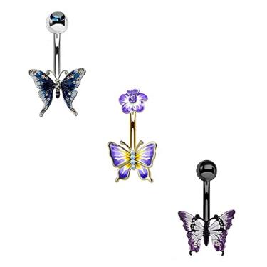 Imagem de blue palm jewelry 3 - Conjunto sortido 14 gauge 3/8 polegadas 316L aço cirúrgico barbell umbigo anéis pendentes borboleta e flor B628 cores roxo preto e azul, Aço inoxidável, Cingabar