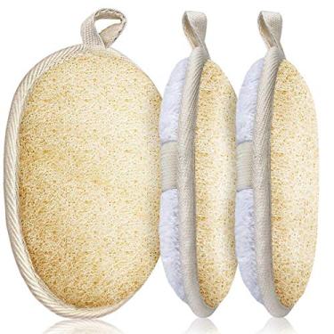 Imagem de Almofadas esfoliantes Loofah Pacote com 3 (2020 atualizadas) Esponja de esponja de esponja de lupa de 12,7 cm x 17,78 cm esponja de chuveiro esponja natural para homens e mulheres – Cor branca e bege