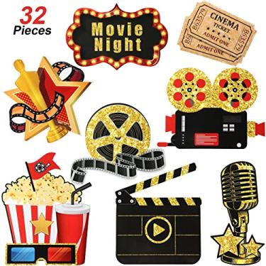 Imagem de 32 Pieces Movie Night Party Cutouts Movie Party Decorations Kit Double Sided Printing Golden Black Paper Cards Red Carpet Clapboard Movie Tickets Film Reel Decor for Movie Night Party Supplies