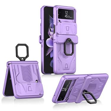Imagem de Com capa protetora de câmera com janela push para Samsung Galaxy Z Flip 3 capa de telefone à prova de choque para Z Flip 4 3 5G estojo magnético chaveiro, roxo, para galaxy Z flip 3