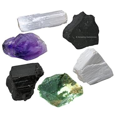 Imagem de Cristais para manifestação de proteção da casa, conjunto de 6 ametista, escolecita, shungite, turmalina preta, selenita e ágata musgo curando cristais e pedras