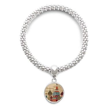 Imagem de DIYthinker Pulseira de prata quadrada vermelha com pingente de corrente ajustável com construção de catedral da Rússia