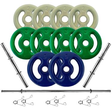 Imagem de Kit 30Kg Anilhas Emborrachadas com Barras de 40cm e 1,60m-Unissex
