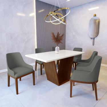 Imagem de Mesa De Jantar Safira 1,6m Off White Com 6 Cadeiras Elisa Veludo Cinza Madeira Maciça Imbuia