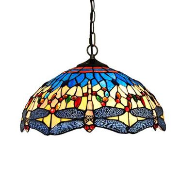 Imagem de Luminária pendente estilo libélula estilo Tiffany, luminária pendente de teto com vitral artesanal, luminária suspensa para varanda da sala de jantar 110-240V, E27,40cm (16 polegadas) × 90cm (36