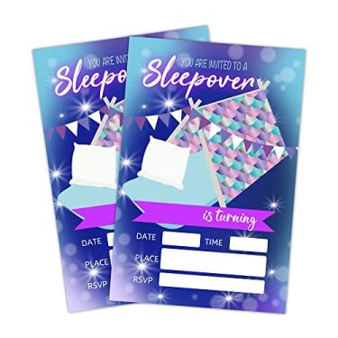 Imagem de LWBEO 20 cartões de convite de aniversário com envelopes, convite de celebração de feliz aniversário para meninos ou meninas, sereia Teepee festa do pijama suprimentos para festa de aniversário -A15
