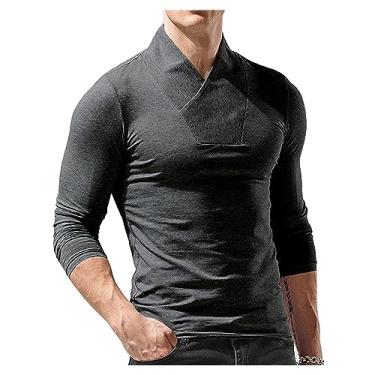 Imagem de Camiseta masculina de manga comprida com absorção de umidade, cor sólida, gola cruzada, camiseta skinny, Cinza escuro, P