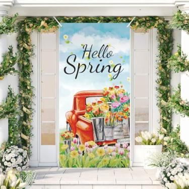 Imagem de Hello Spring capa de porta caminhão vermelho bem-vindo primavera decoração bandeira vintage captador margarida tulipa flores varanda bandeira primavera porta bandeira para primavera bem-vindo feriado
