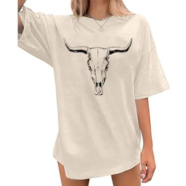 Imagem de Wrenpies Camisetas femininas Western Cow Skull Oversized Cowgirl Camiseta Country Graphic Tees Vintage Rodeo Camisetas Casuais, Damasco, M