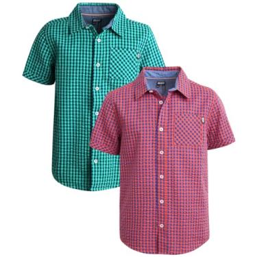 Imagem de DKNY Camisa de botão para meninos - Pacote com 2 camisetas casuais de manga curta - Camisa infantil com colarinho para meninos (4-18), Xadrez azul coral/menta, 10-12