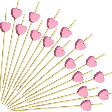 Imagem de 100 palitos de coquetel de coração rosa, palitos de dente para aperitivos, palitos de coquetel de 12 cm, espetos para aperitivos, adequados para frutas e festas em palito de espeto