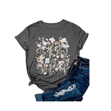 Imagem de Camiseta feminina com estampa floral floral de verão camiseta casual de manga curta para amantes de plantas, Preto - 1, M