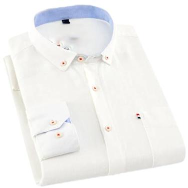 Imagem de ZMIN Camisa masculina slim fit de algodão de linho de manga comprida com bolso único de botão para o verão camisa casual lisa fina, Branco, PP