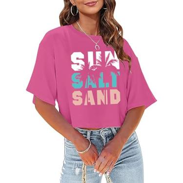 Imagem de CAZYCHILD Camisetas havaianas femininas para sol, sal e areia, coqueiro, verão, praia, estampado, camiseta cropped casual, rosa, GG