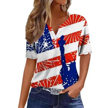 Imagem de Camiseta feminina patriótica de manga curta com bandeira americana 4th of July gola Henley Stars Stripes Túnica, Azul escuro, G