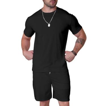 Imagem de Uni Clau Conjunto masculino de moda de verão com camisa e short de manga curta para férias na praia, Preto, M
