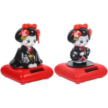 Imagem de Boneca quimono japonesa 2 peças Bobble movido a energia solar balançando a cabeça brinquedos de dança Boneca quimono japonesa Kokeshi Estatueta Decoração de painel de carro para mesa de carro doméstic