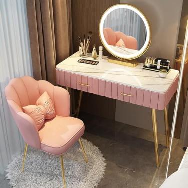 Imagem de Conjunto de mesa de maquiagem Vanity com luz ajustável e banco Ed - mesa de vidro temperado, mesa de cabeceira móvel - ideal para mulheres e meninas, tamanho: rosa, 100 cm/39,3 pol.