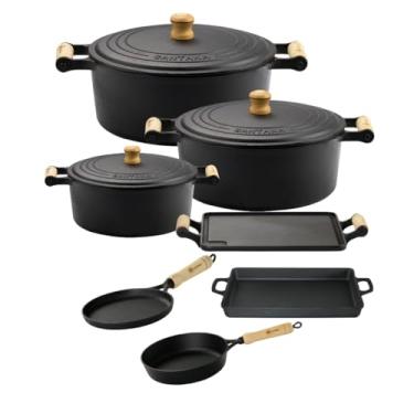 Imagem de Jogo de Panela de Ferro Fundido 7 peças Chapa Assadeira e Tapioqueira Alça de Madeira