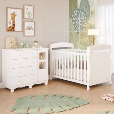 Imagem de Quarto de Bebê Completo Berço Americano Marquesa 3 Em 1 Cômoda Uli 4 Gavetas 1 Porta 100% Mdf Móveis Peroba Branco Brilho