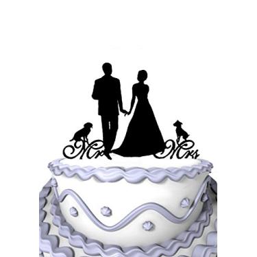 Imagem de Meijiafei Mr. &Mrs Bride and Groom with Two Dogs Pet Silhouette Casamento bolo Topper
