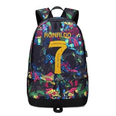 Imagem de jogador de futebol estrela Cristiano Ronaldo armazenamento de bolas laptop mochila equipamentos esportivos depósito multifuncional estudante bolsa CR7 para homens (padrão vermelho 1)