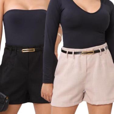 Imagem de Kit 2 Short Feminino Linho Alfaiataria Com Cinto E Bolso - Thiá Store,