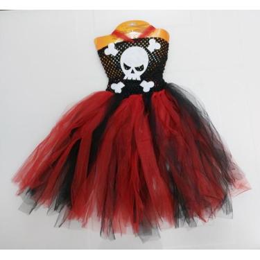 Imagem de Saia Fantasia Infantil de Halloween Dia Das Bruxas Caveira Pirata Verm