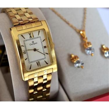 Imagem de Relogio champion feminino dourado quadrado medio ch22395h + kit semi j