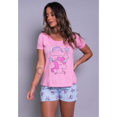 Imagem de Baby Doll Feminino Unicórnio Blusa e Short Curto - WLS Modas, Rosa, P,