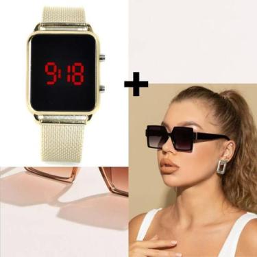 Imagem de Kit Relógio Digital Led Silicone Ajustável Dourado Rose Gold + Óculos 