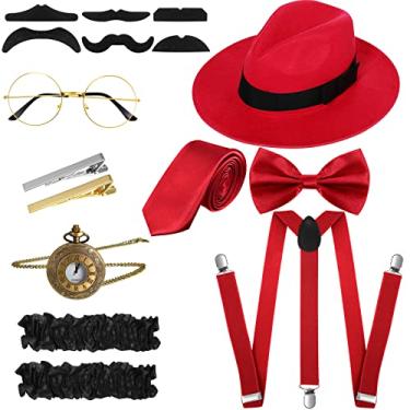 Imagem de SATINIOR Conjunto de acessórios de fantasia masculina retrô dos anos 20, chapéu de gangster, gravata borboleta, relógio de bolso, suspensório, clipe de gravata de barba de vidro, Vermelho, Delicate Style