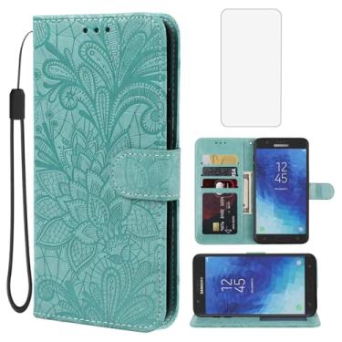 Imagem de Gufuwo Capa para Galaxy J7 2018/J7 Aero/J7 Aura/J7 Top/J7 Crown/J7 Eon Capa carteira com protetor de tela de vidro temperado, capa de celular flip de couro com suporte para cartão de crédito para