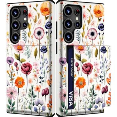 Imagem de IWONE Capa fofa com porta-cartão para S24 Ultra/à prova de choque fina com compartimento para celular para mulheres compatível com Samsung Galaxy S24 Ultra/Flores bonitas selvagens primavera jardim